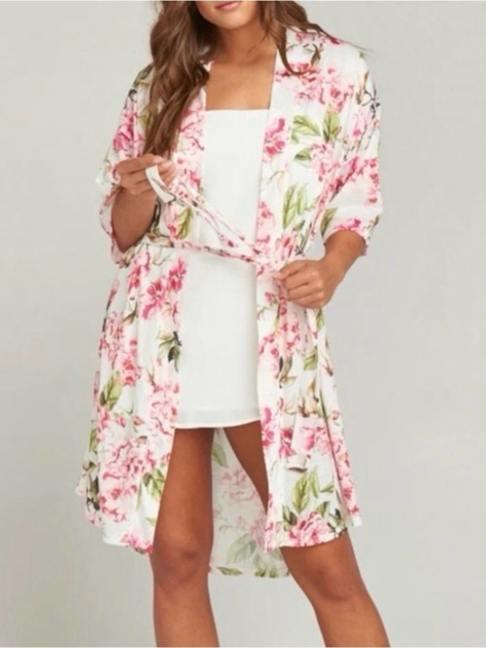 Show Me Your Mumu Floral Kimono Robe Cardigan OS White Pink Green Belted Boho